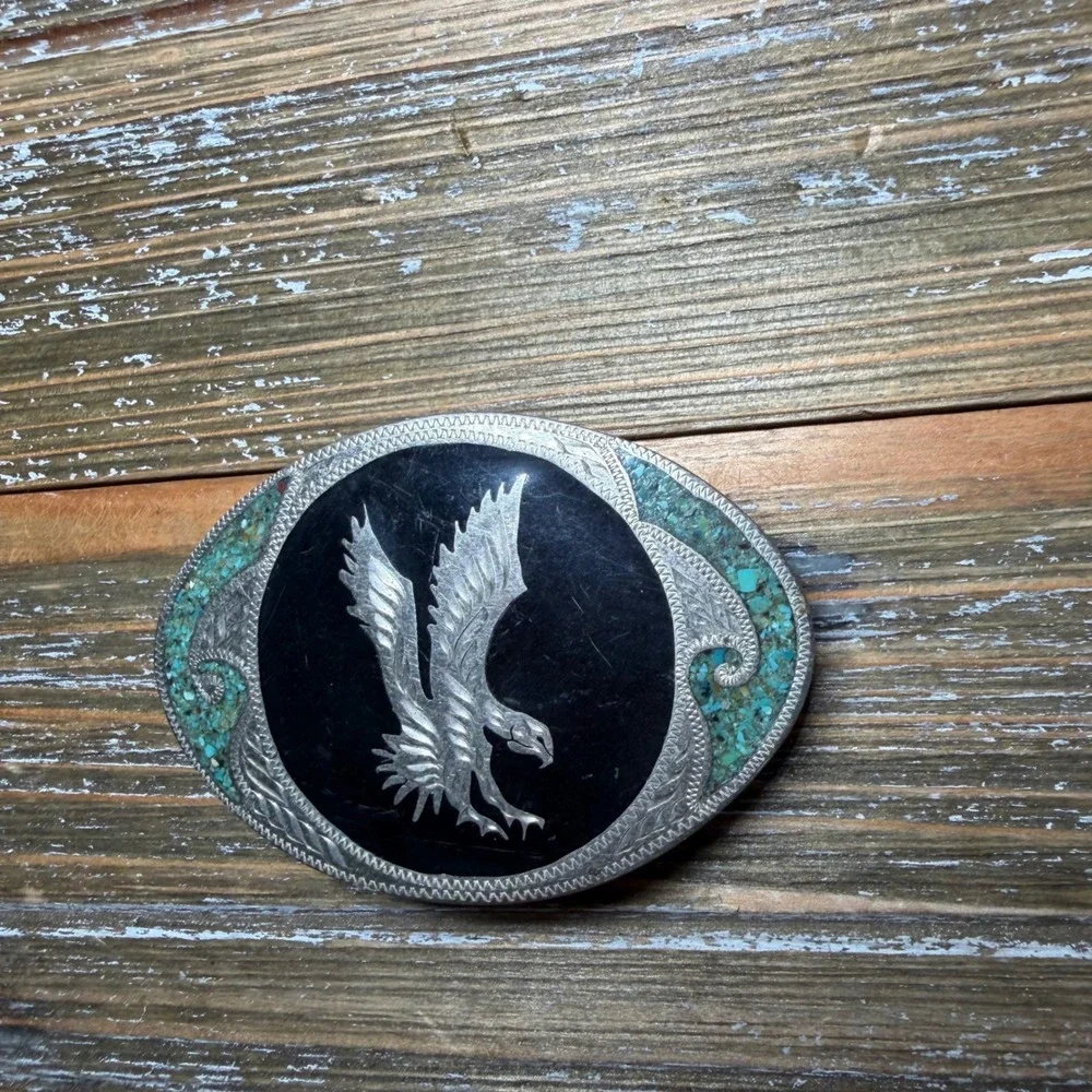 Vintage Western Eagle Belt Buckle Turquoise Chip Inlay Black Onyx Style Oval